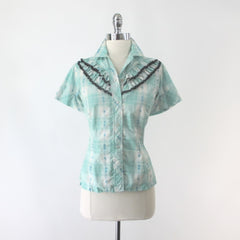 Vintage 50s 60s Women's Trail Ridge Aqua Plaid Ruffled Western Shirt S