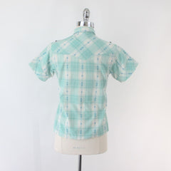 Vintage 50s 60s Women's Trail Ridge Aqua Plaid Ruffled Western Shirt S