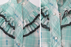 Vintage 50s 60s Women's Trail Ridge Aqua Plaid Ruffled Western Shirt S