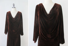 Vintage 20s 30s Brown Velvet Dress Matching Turban M
