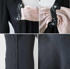 Vintage 40's Black Beaded & Peach Satin Bow Party Dress M - Bombshell Bettys Vintage