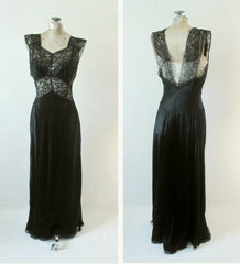 Vintage 40's Artemis Black Satin Sheer Lace Nightgown 34 - Bombshell Bettys Vintage