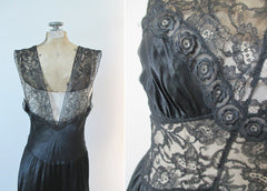 Vintage 40's Artemis Black Satin Sheer Lace Nightgown 34 - Bombshell Bettys Vintage
