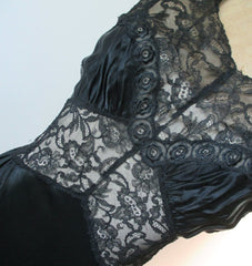 Vintage 40's Artemis Black Satin Sheer Lace Nightgown 34 - Bombshell Bettys Vintage