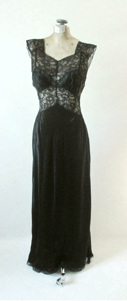 Vintage 40's Artemis Black Satin Sheer Lace Nightgown 34 - Bombshell Bettys Vintage