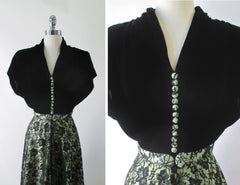 Vintage 40's Black & Apple Green Lace Evening Dress L - Bombshell Bettys Vintage