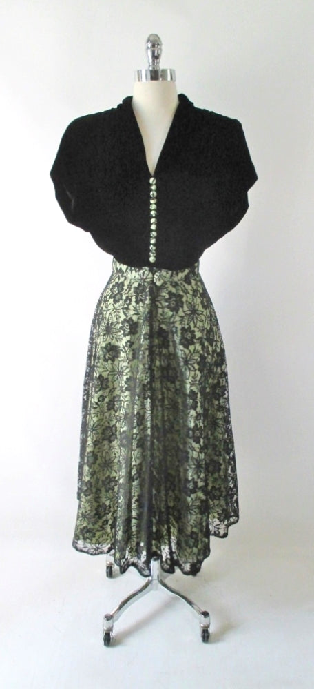 Vintage 40's Black & Apple Green Lace Evening Dress L - Bombshell Bettys Vintage