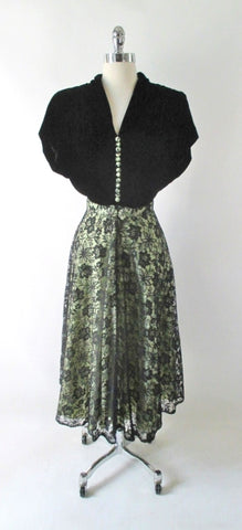 Vintage 40's Black & Apple Green Lace Evening Dress L