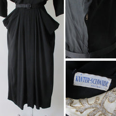 Vintage 40's Beaded White Satin Collar Black Rayon Dress L - Bombshell Bettys Vintage