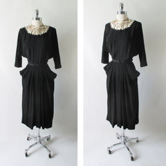 Vintage 40's Beaded White Satin Collar Black Rayon Dress L - Bombshell Bettys Vintage