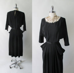 Vintage 40's Beaded White Satin Collar Black Rayon Dress L - Bombshell Bettys Vintage