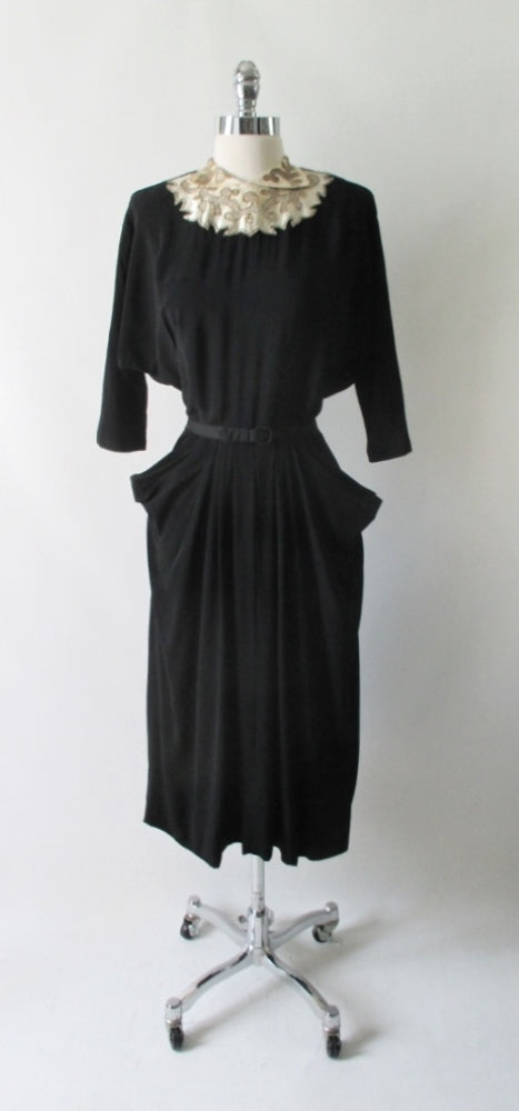 Vintage 40's Beaded White Satin Collar Black Rayon Dress L - Bombshell Bettys Vintage