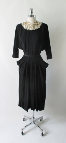 Vintage 40's Beaded White Satin Collar Black Rayon Dress L