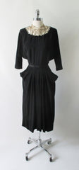 Vintage 40's Beaded White Satin Collar Black Rayon Dress L - Bombshell Bettys Vintage