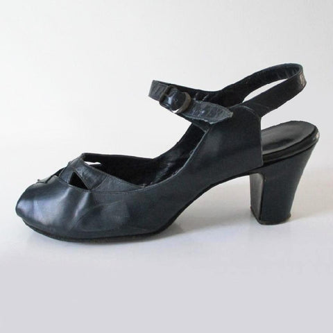 Vintage 40's Navy Blue Peep Toe Casual Day Heels Shoes 8.5 W
