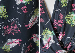 • Vintage 40's Black Pink Houses & Hats Novelty Print Rayon Day Dress L / XL - Bombshell Bettys Vintage