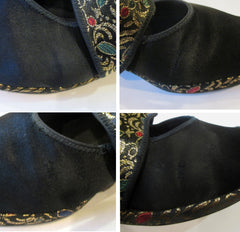 Vintage 40s Black Satin & Gold Brocade Slingback Wedge Slippers / Shoes 8 - Bombshell Bettys Vintage