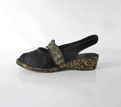 Vintage 40s Black Satin & Gold Brocade Slingback Wedge Slippers / Shoes 8 - Bombshell Bettys Vintage