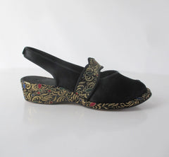 Vintage 40s Black Satin & Gold Brocade Slingback Wedge Slippers / Shoes 8 - Bombshell Bettys Vintage