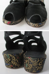 Vintage 40s Black Satin & Gold Brocade Slingback Wedge Slippers / Shoes 8 - Bombshell Bettys Vintage