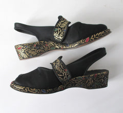 Vintage 40s Black Satin & Gold Brocade Slingback Wedge Slippers / Shoes 8 - Bombshell Bettys Vintage