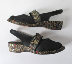 Vintage 40s Black Satin & Gold Brocade Slingback Wedge Slippers / Shoes 8 - Bombshell Bettys Vintage