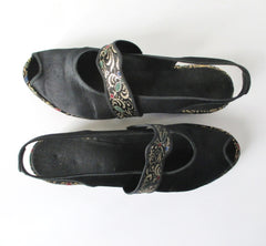 Vintage 40s Black Satin & Gold Brocade Slingback Wedge Slippers / Shoes 8 - Bombshell Bettys Vintage