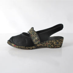 Vintage 40s Black Satin & Gold Brocade Slingback Wedge Slippers / Shoes 8 - Bombshell Bettys Vintage
