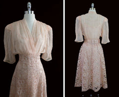 Vintage 40's Peach Lace Sheer Silk Chiffon And Satin Party Dress L - Bombshell Bettys Vintage