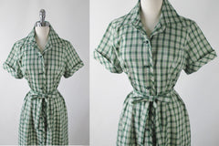 • Vintage 50s 60s Green Plaid Casual Day Dress L / XL - Bombshell Bettys Vintage