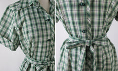 • Vintage 50s 60s Green Plaid Casual Day Dress L / XL - Bombshell Bettys Vintage