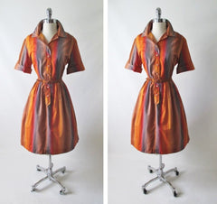 Vintage 60's 50's Ombre Stripe Shirtwaist Full Skirt Day Dress M - Bombshell Bettys Vintage