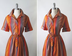 Vintage 60's 50's Ombre Stripe Shirtwaist Full Skirt Day Dress M - Bombshell Bettys Vintage