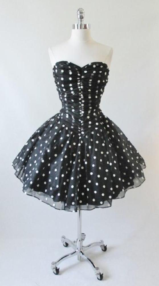 Vintage 80's / 50's Look Black White Polka Dot Sheer Full Skirt Party Dress S - Bombshell Bettys Vintage