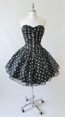 Vintage 80's / 50's Look Black White Polka Dot Sheer Full Skirt Party Dress S - Bombshell Bettys Vintage