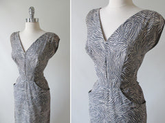 • Vintage 50's Zebra & Rhinestone Frank Starr Sheath Dress M - Bombshell Bettys Vintage