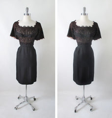 Vintage 50's H. Liebes Black Lace Evening Cocktail Party Sheath Dress M - Bombshell Bettys Vintage