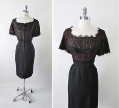 Vintage 50's H. Liebes Black Lace Evening Cocktail Party Sheath Dress M - Bombshell Bettys Vintage