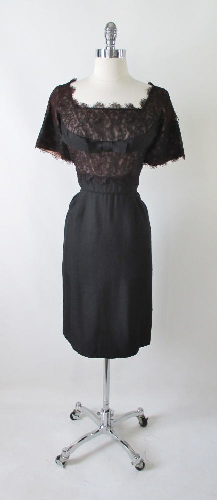Vintage 50's H. Liebes Black Lace Evening Cocktail Party Sheath Dress M - Bombshell Bettys Vintage