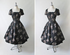 Vintage 50's 60's Black Gold Hawaiian Print Full Skirt Party Dress M - Bombshell Bettys Vintage