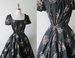 Vintage 50's 60's Black Gold Hawaiian Print Full Skirt Party Dress M - Bombshell Bettys Vintage