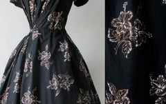 Vintage 50's 60's Black Gold Hawaiian Print Full Skirt Party Dress M - Bombshell Bettys Vintage
