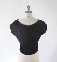 Vintage 50's Pearl Collar Black Lace Knit Sweater Top L - Bombshell Bettys Vintage
