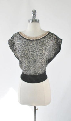 Vintage 50's Pearl Collar Black Lace Knit Sweater Top L