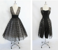 • Vintage 50's Black & Silver Lurex Lace Sheer Full Skirt Party Dress Overskirt S - Bombshell Bettys Vintage