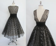 • Vintage 50's Black & Silver Lurex Lace Sheer Full Skirt Party Dress Overskirt S - Bombshell Bettys Vintage