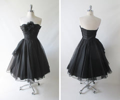 • Vintage 50's Black Organdy Strapless Petal Bust Party Dress - Bombshell Bettys Vintage