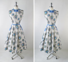 Vintage 50's Blue Roses Day Dress M - Bombshell Bettys Vintage
