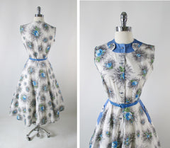 Vintage 50's Blue Roses Day Dress M - Bombshell Bettys Vintage