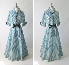 Vintage 50's Sheer Blue Flocked Sarburst Hostess Gown Dressing Robe L - Bombshell Bettys Vintage